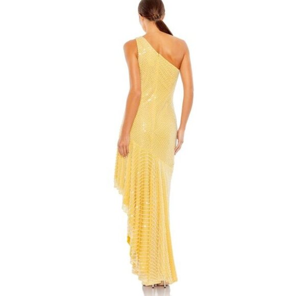 Mac Duggal One Shoulder Pearl Sequin Yellow Asymmetrical Formal Gown Dress NWT - Picture 3 of 12